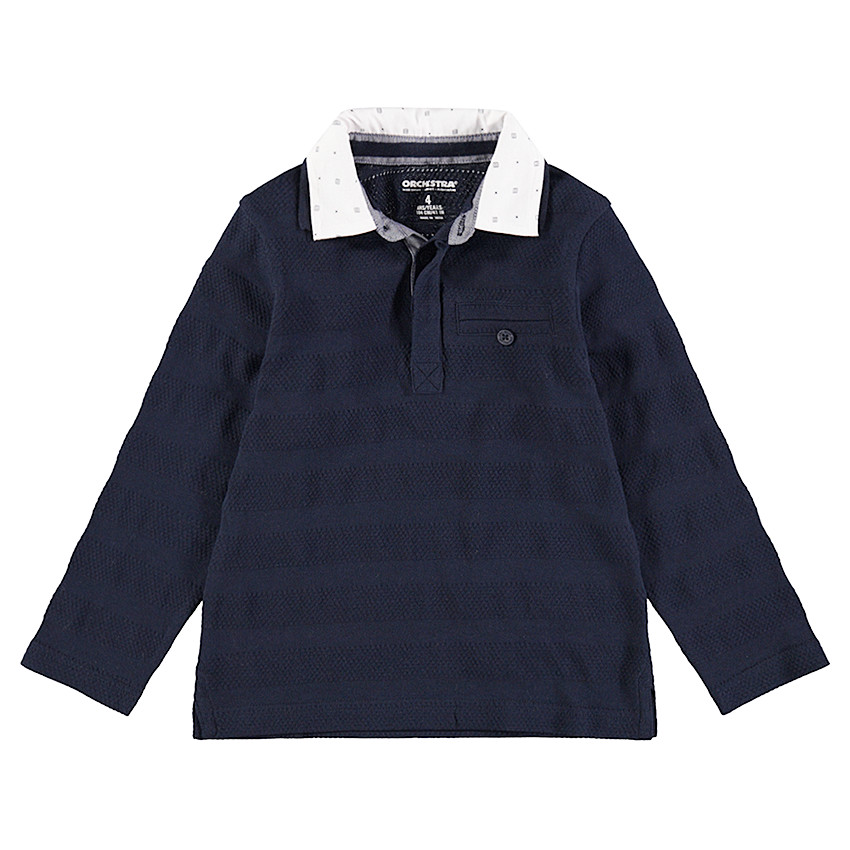 Μακρυμάνικο πόλο με διαφορετικές υφές που σχηματίζουν ρίγες και διπλό γιακά 