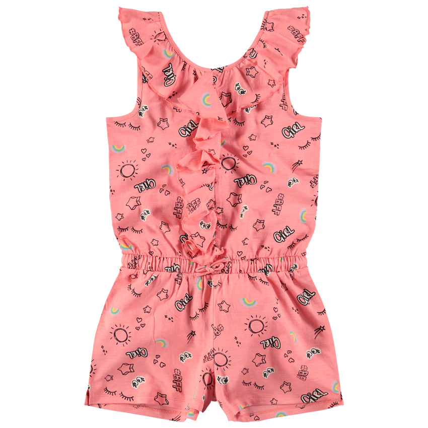 Κοντή ολόσωμη αμάνικη φόρμα με σχέδιο σε όλη την επιφάνεια και λαιμό με βολάν 