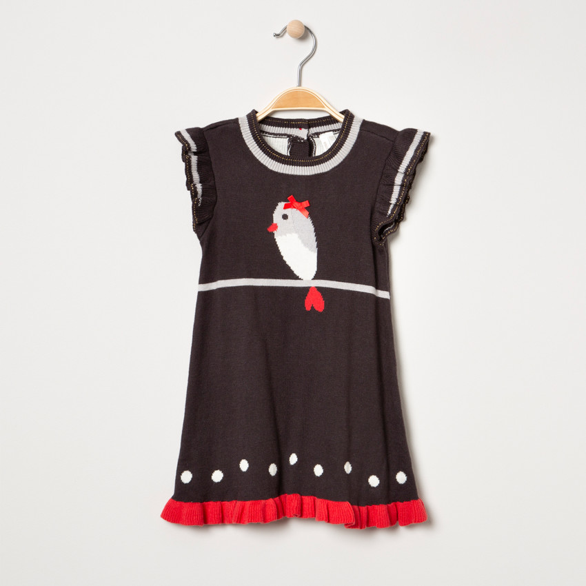 Πλεκτό φόρεμα με πουλάκι και πουά ζακάρ μοτίβο 