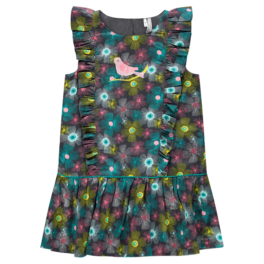 Αμάνικο φόρεμα με φλοράλ μοτίβο και κεντημένο πουλάκι 