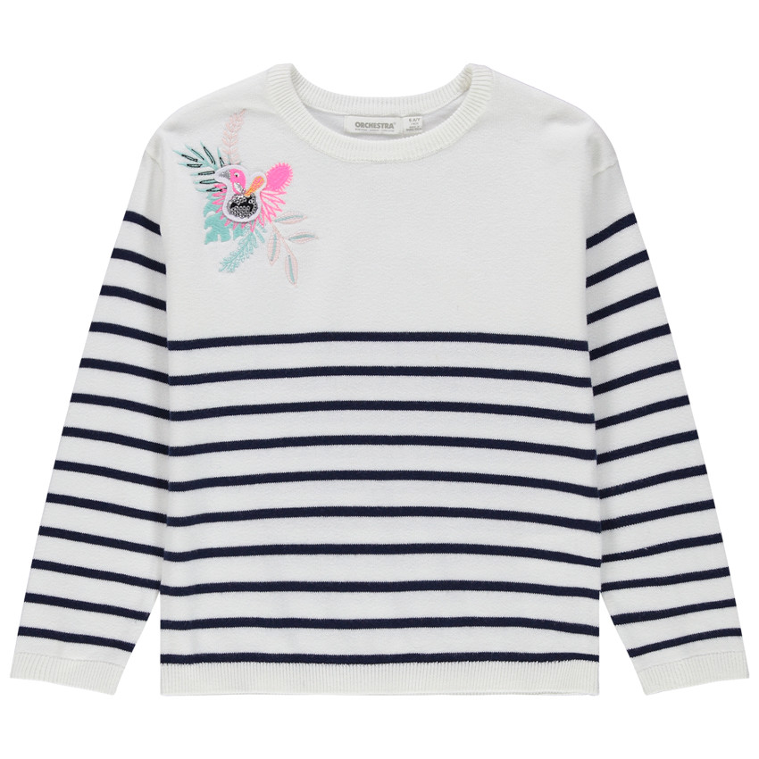 Πλεκτό πουλόβερ ριγέ με χρωματιστό κέντημα και σήμα από πούλιες 