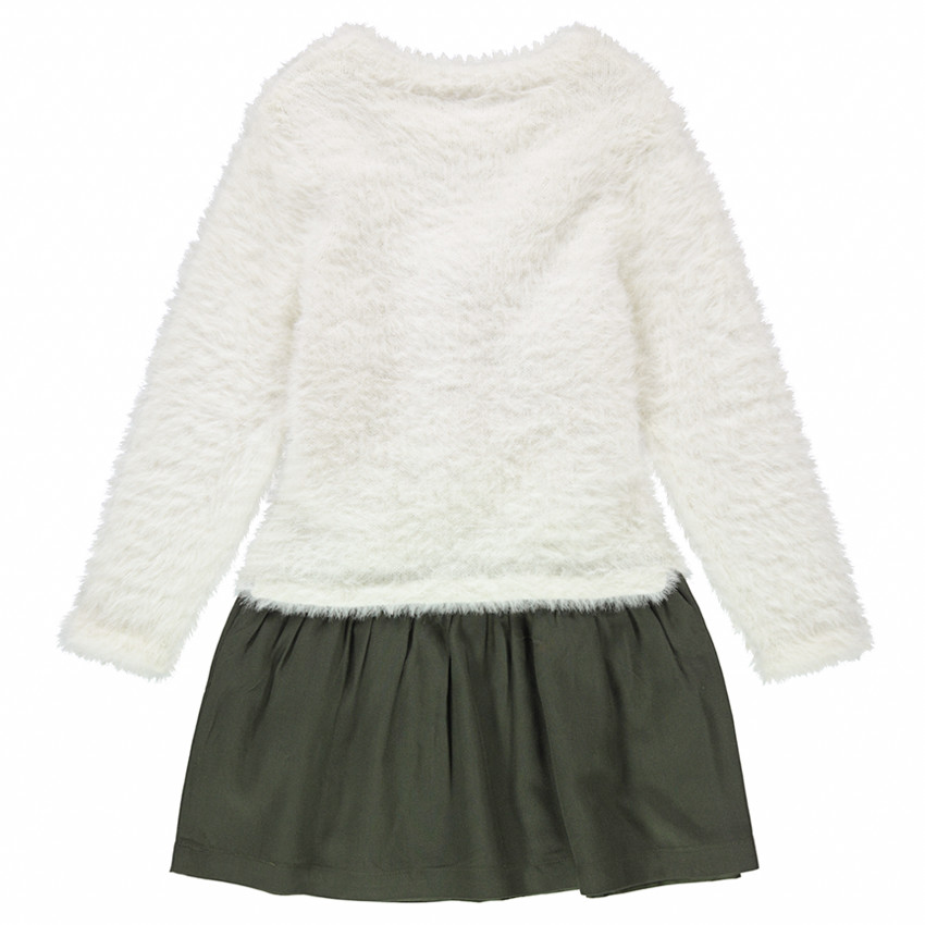 Δίχρωμο φόρεμα από δύο υλικά με χρωματιστές φουντίτσες 