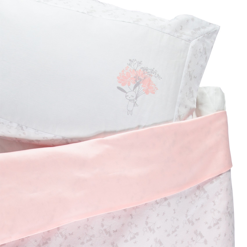 Set housse de couette et taie d'oreiller imprimé lapin et fleurs 