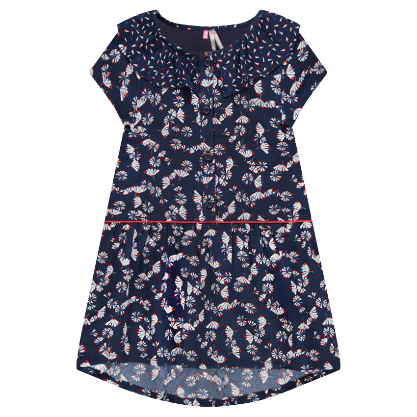 Εμπριμέ κρεπ φόρεμα με βολάν στη λαιμόκοψη 