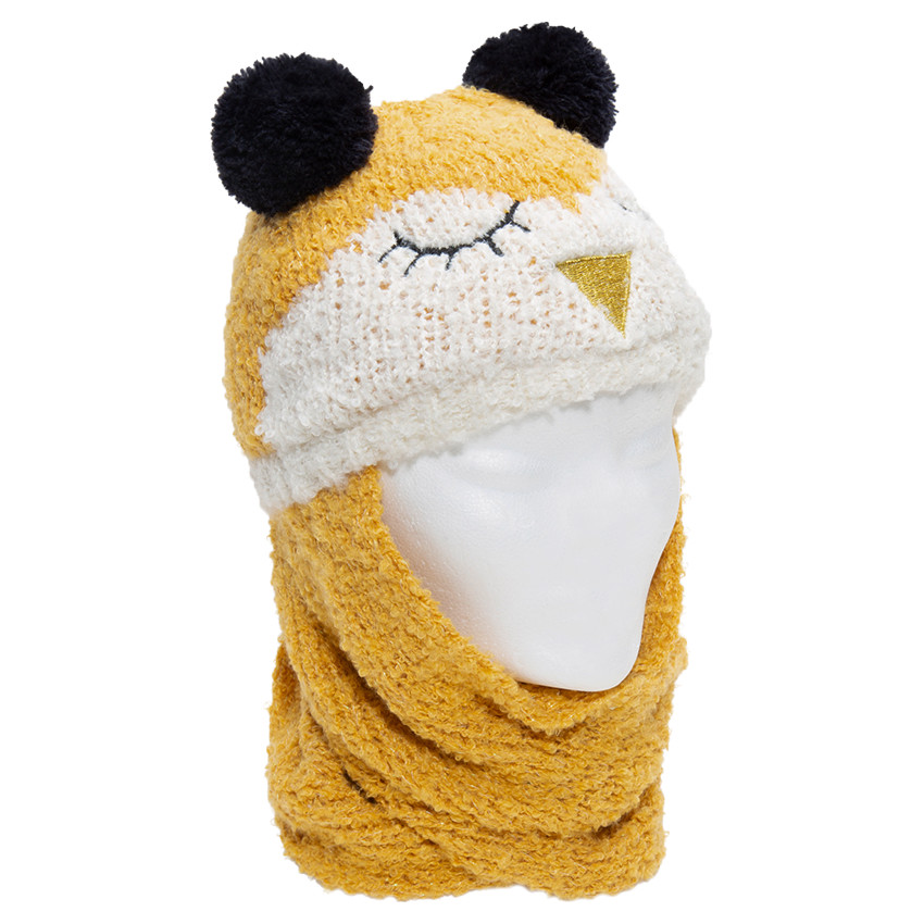 Πλεκτός σκούφος με ενσωματωμένο κασκόλ και φουντίτσες για αυτιά 