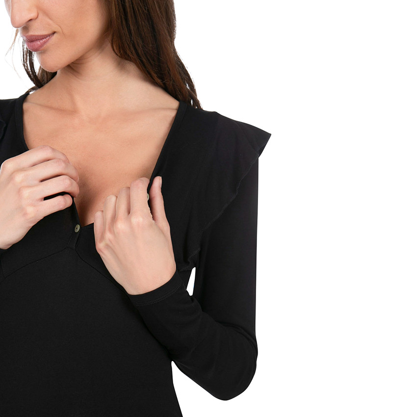 Μακρυμάνικη μπλούζα εγκυμοσύνης με βολάν και λαιμόκοψη με κουμπιά 