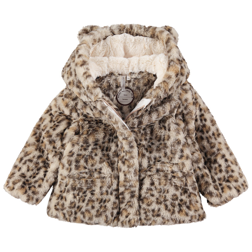 Παλτό με ψεύτικη γούνα με λεοπάρ εφέ και αυτάκια στην κουκούλα. 