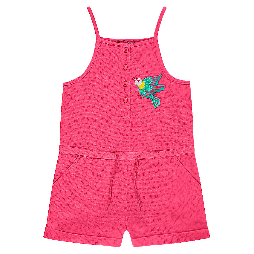 Ολόσωμη φόρμα-σορτς από λεπτό βαμβακερό ύφασμα με αζούρ σχέδιο και κέντημα πουλάκι 