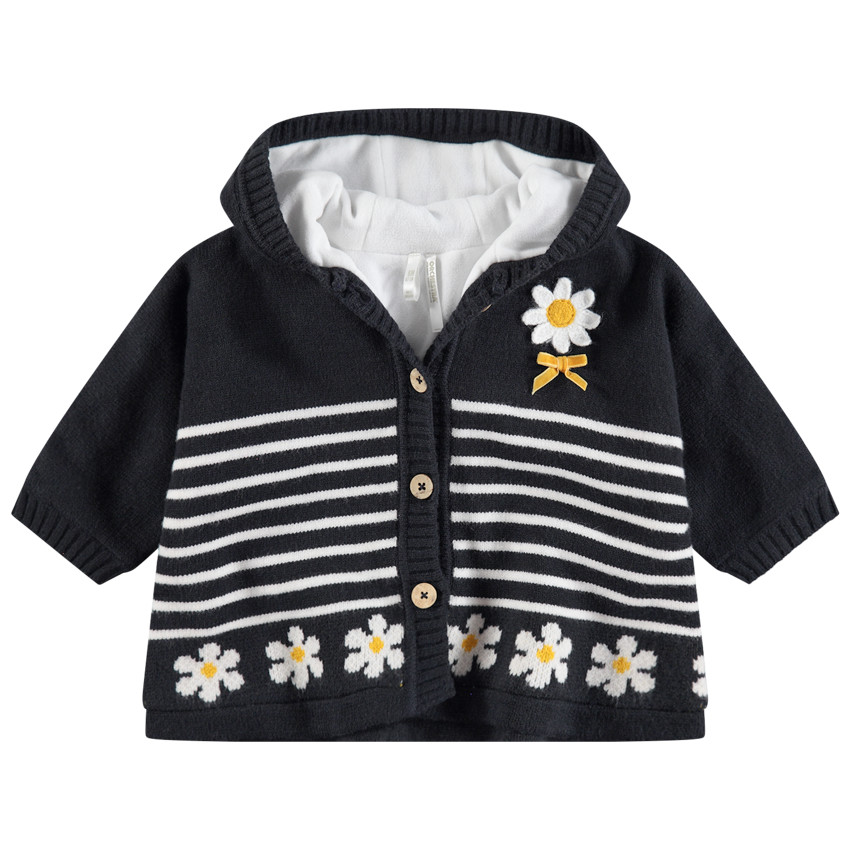 Πλεκτή ζακέτα με κουκούλα και φλις επένδυση με ρίγες και μαργαρίτες 