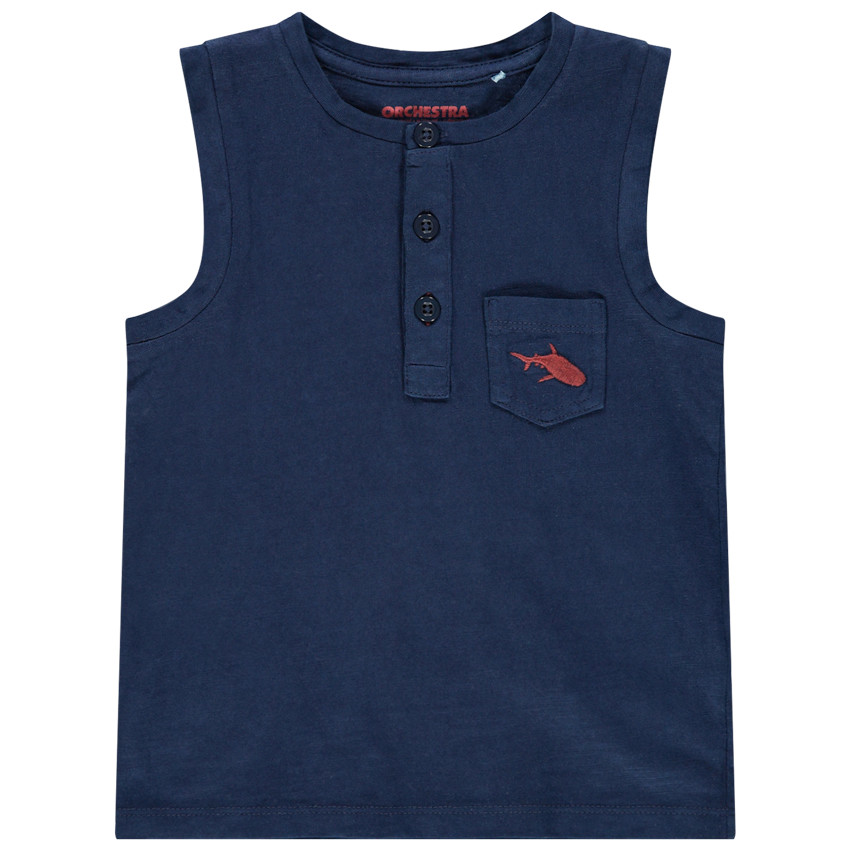 Μπλουζάκι αμάνικο βαμβακερό και στο τσεπάκι ,κεντημένος καρχαρίας  