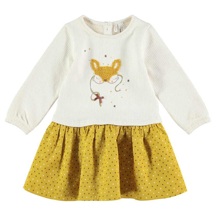 Robe manches longues effet 2 en 1 bi-matière avec faon en bouclette 