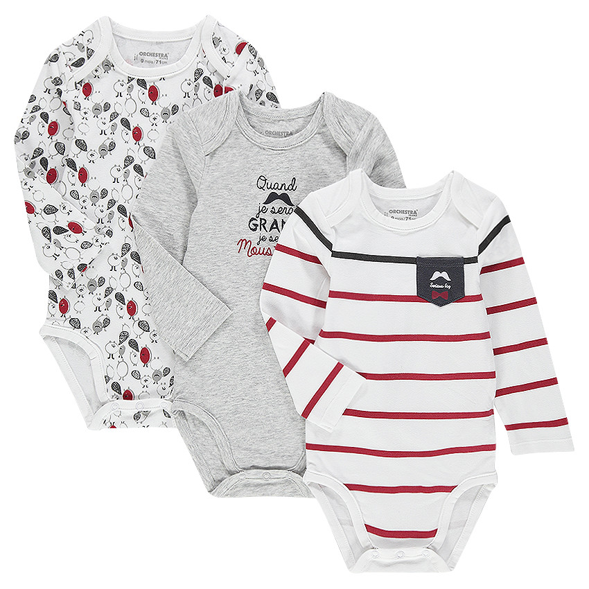 Σετ με 3 μακρυμάνικα φορμάκια ριγέ/μονόχρωμο/εμπριμέ 