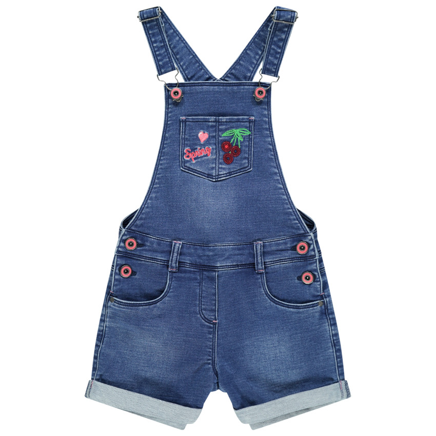 Salopette courte en jean à détails colorés et cerises en sequins 