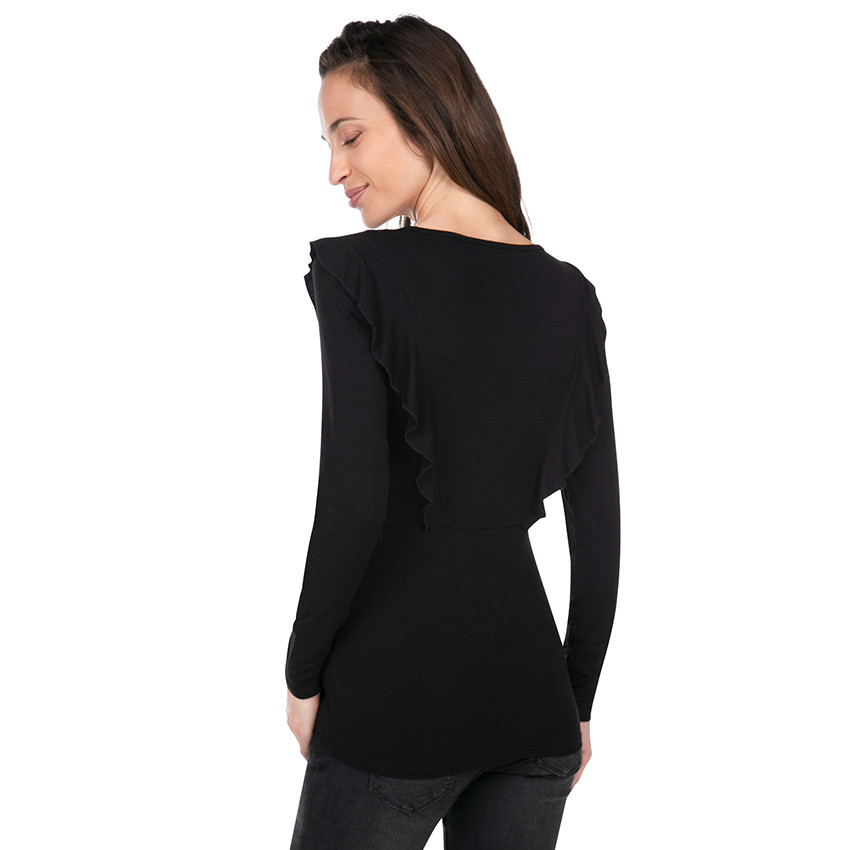 Μακρυμάνικη μπλούζα εγκυμοσύνης με βολάν και λαιμόκοψη με κουμπιά 