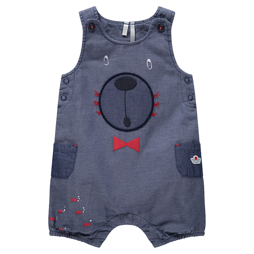 Κοντό ολόσωμο φορμάκι με κεντημένο αρκουδάκι και σαμπρέ τσέπες 