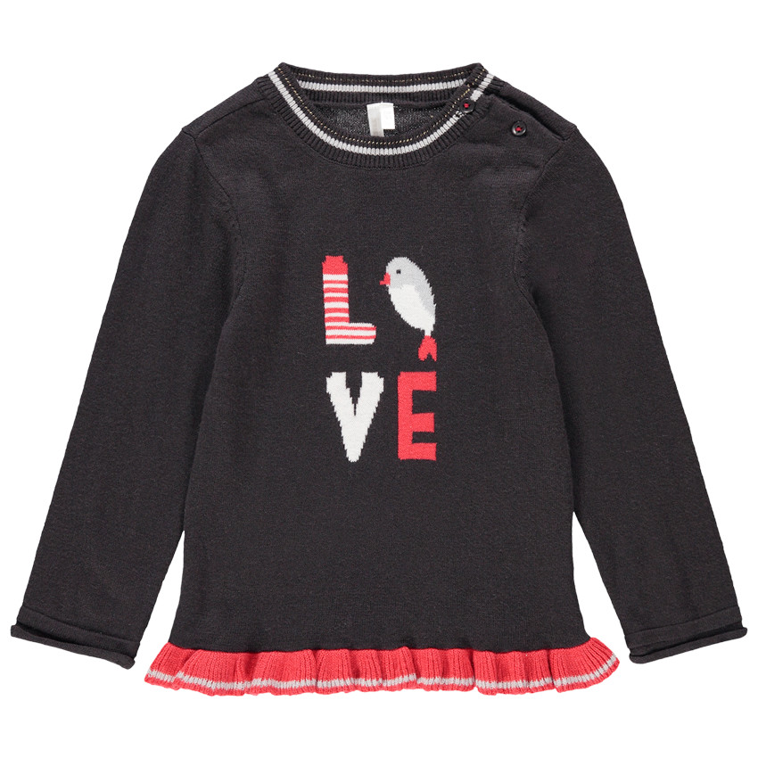 Πλεκτό πουλόβερ με ζακάρ πουλάκι και κόκκινο βολάν 