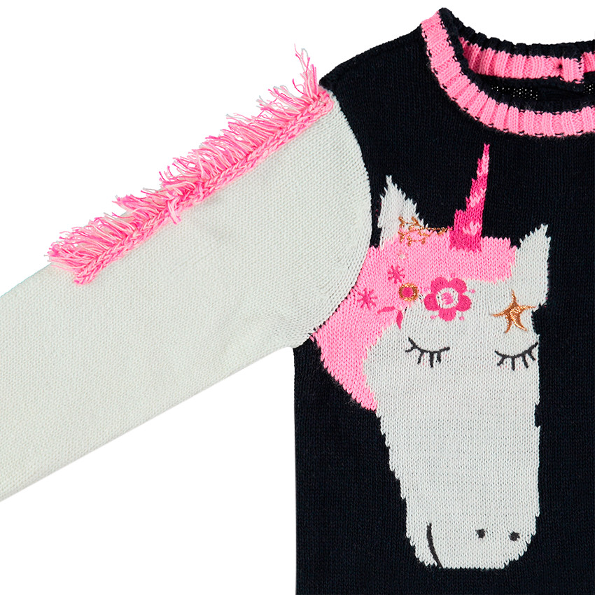 Πλεκτό πουλόβερ με μονόκερο σε ζακάρ και χαίτη με κρόσσια 