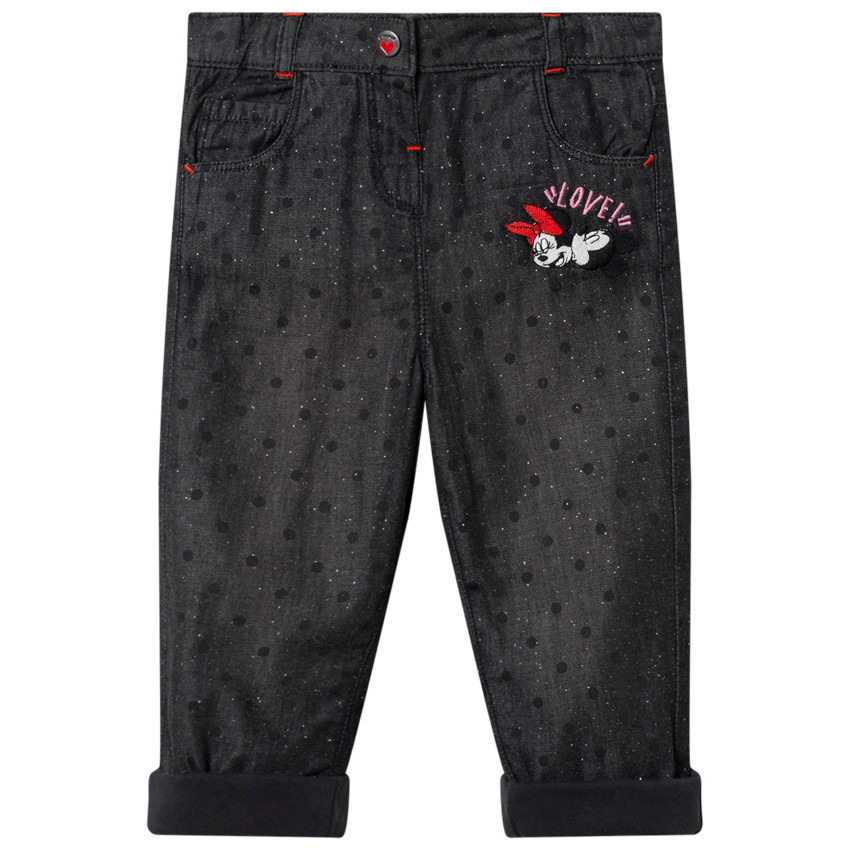 Jean effet used à pois et broderie Minnie Disney 