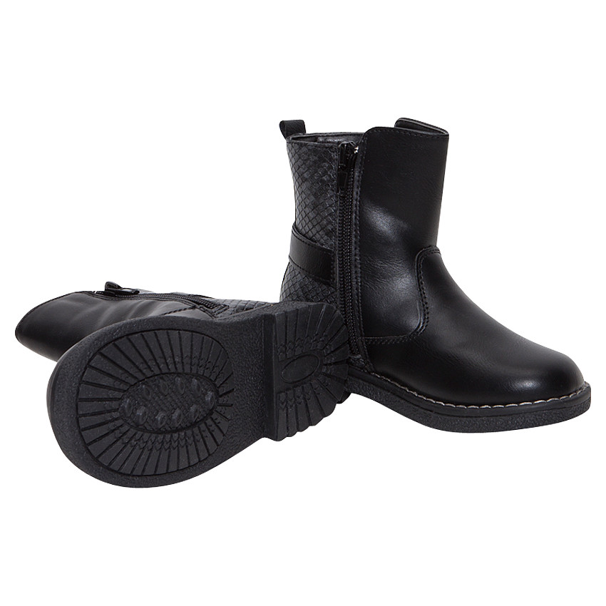 Μποτάκια μαύρα από δερματίνη με διακοσμητική αγκράφα και φάσες από φίδι 