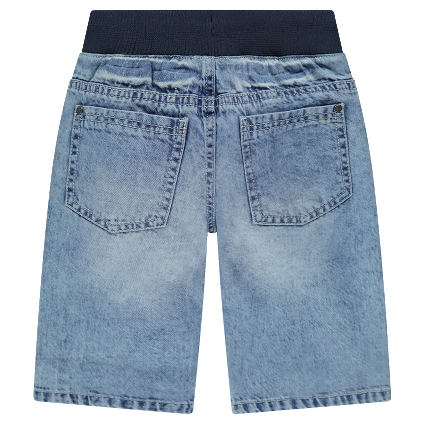 Τζιν βερμούδα με used όψη, λάστιχο στη μέση και απλικέ σήματα 