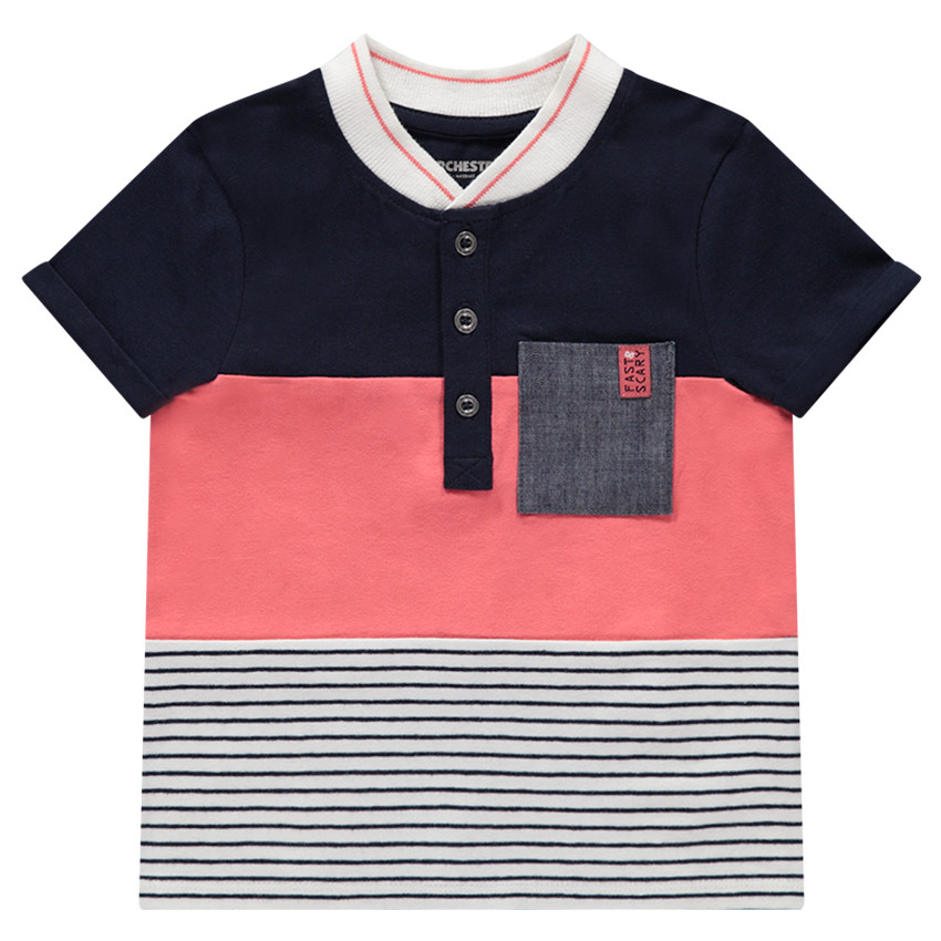 Κοντομάνικο δίχρωμο πόλο με ρίγες και τσέπη από σαμπρέ ύφασμα  