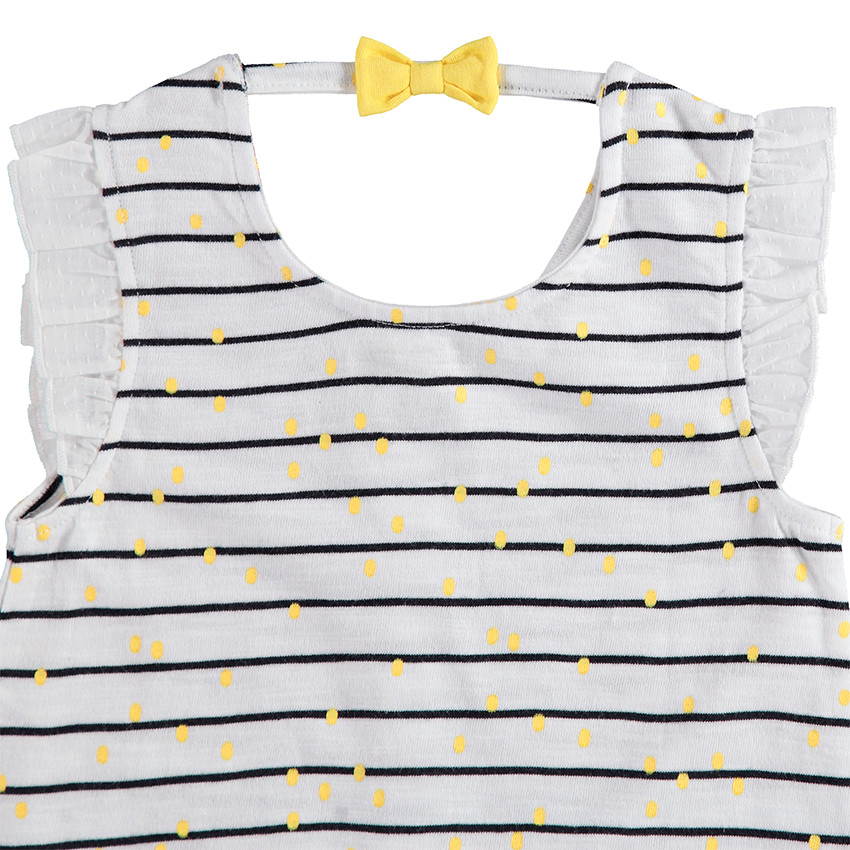 Κοντό ολόσωμο φορμάκι με ρίγες και πουά, απλικέ λεμόνι και φιόγκο στην πλάτη 