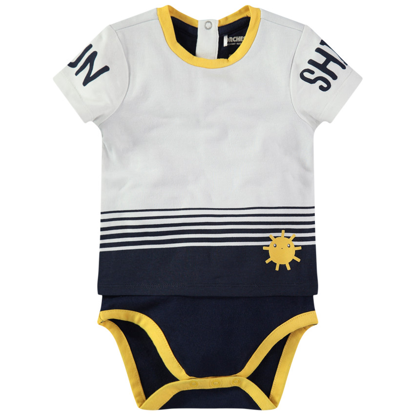 Κοντομάνικο κορμάκι εφέ 2 σε 1 με ρίγες και στάμπα 