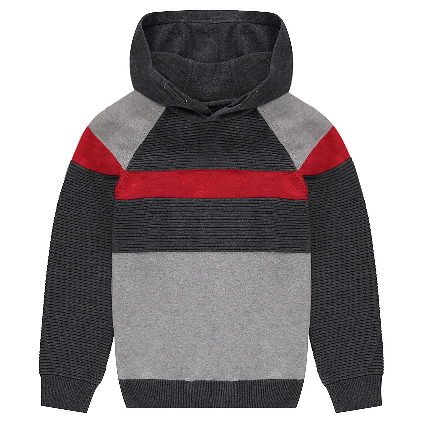 Παιδικά - Πλεκτό σε φαντεζί πλέξη με κουκούλα και λωρίδες σε αντίθεση 