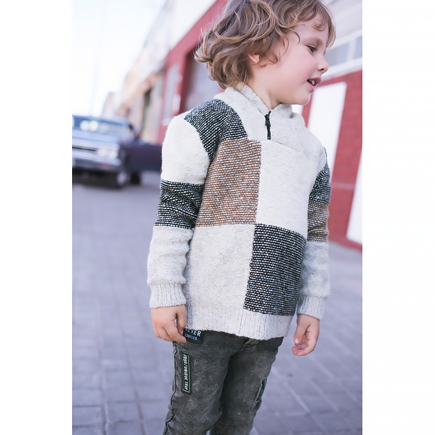 Πλεκτό ζακάρ πουλόβερ με καρό και φερμουάρ στο λαιμό 