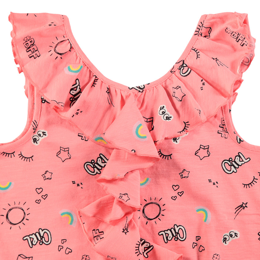 Κοντή ολόσωμη αμάνικη φόρμα με σχέδιο σε όλη την επιφάνεια και λαιμό με βολάν 