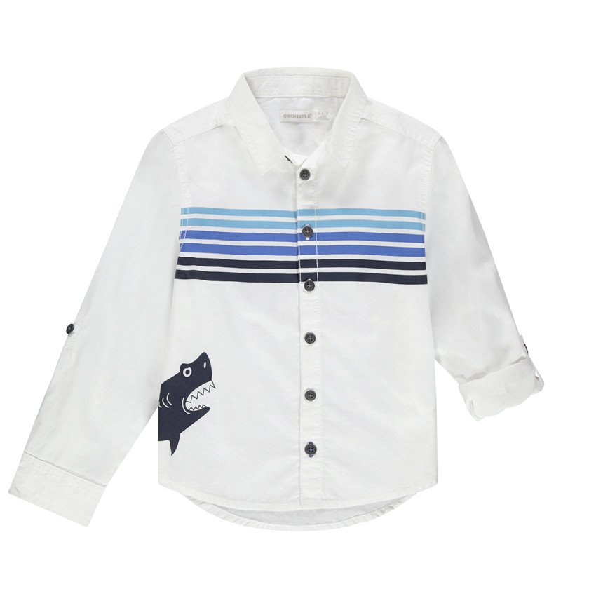 Μακρυμάνικο βαμβακερό πουκάμισο με ρίγες και στάμπα καρχαρία 