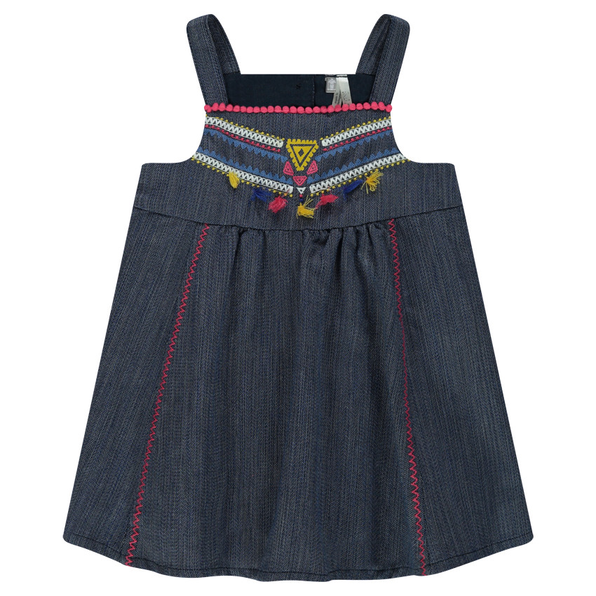 Βαμβακερό φόρεμα με κεντήματα και χρωματιστές φουντίτσες 