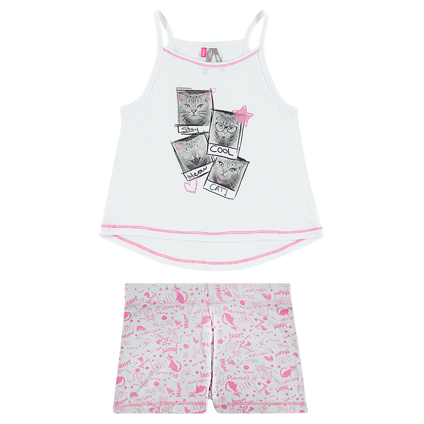 Πιτζάμα με αμάνικο τοπ, σορτς και στάμπα γάτες 