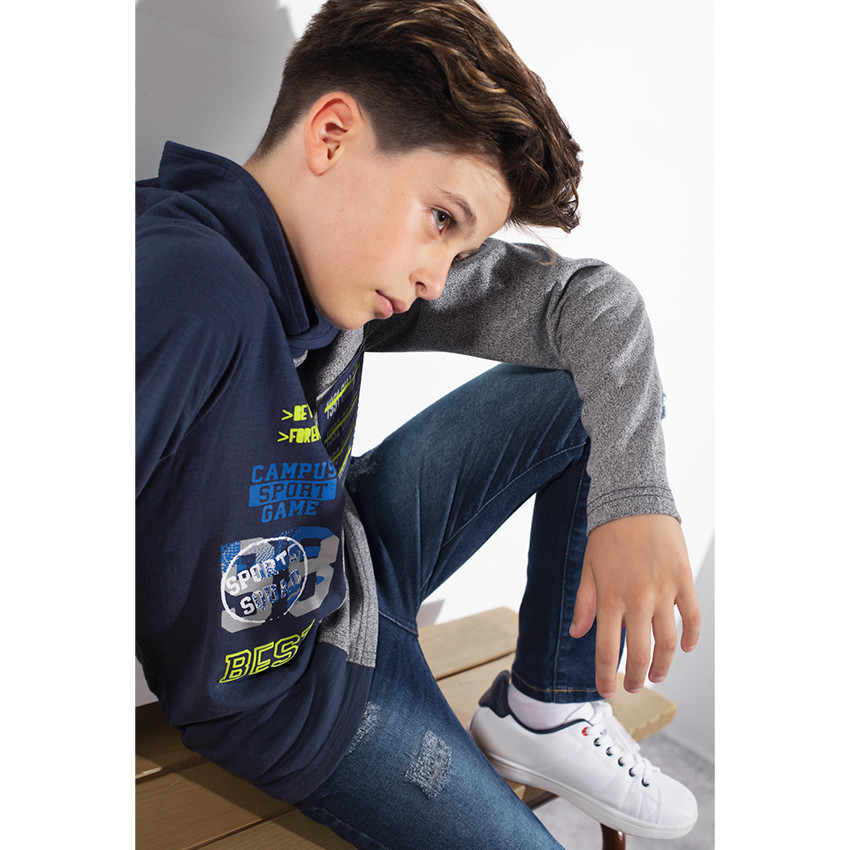 Παιδικά - Μακρυμάνικη δίχρωμη μπλούζα με σήματα και στάμπα κείμενο 