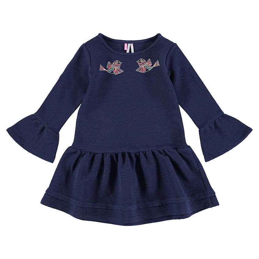 Φόρεμα πλεκτό με ανάγλυφη ύφανση και κεντημένα πουλάκια 