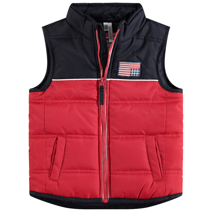 Αμάνικο δίχρωμο καπιτονέ μπουφάν με απλικέ σήμα σημαία  