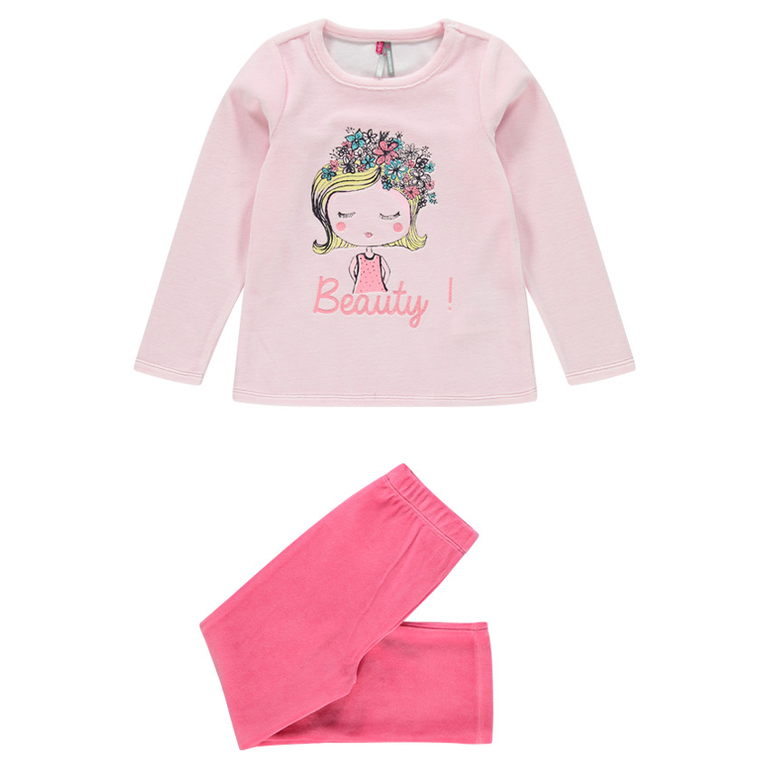 Μακρυμάνικη πιτζάμα από βελούδο με φαντεζί τύπωμα κοριτσάκι 