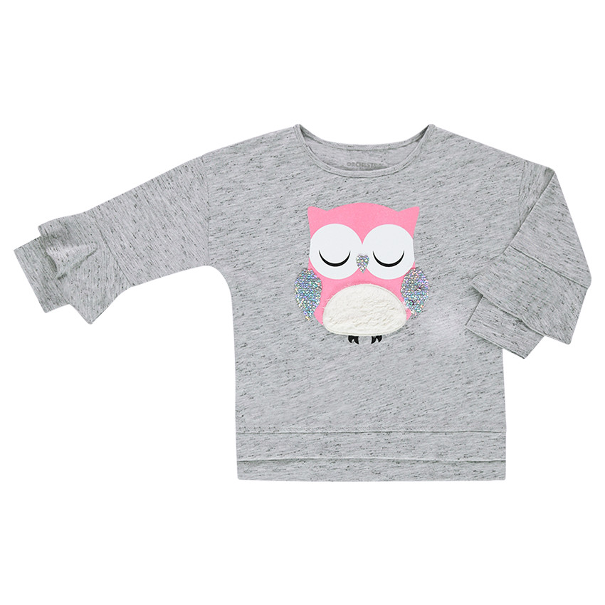 Μπλούζα με μανίκια 3/4 με τυπωμένη κουκουβάγια και ιριδίζουσες πούλιες 