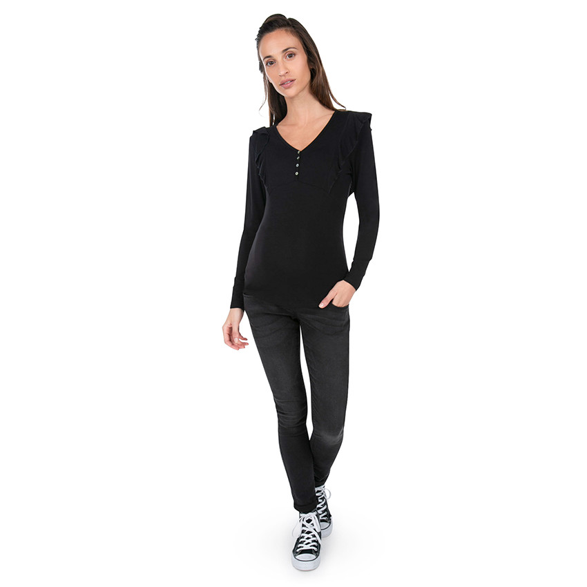 Μακρυμάνικη μπλούζα εγκυμοσύνης με βολάν και λαιμόκοψη με κουμπιά 