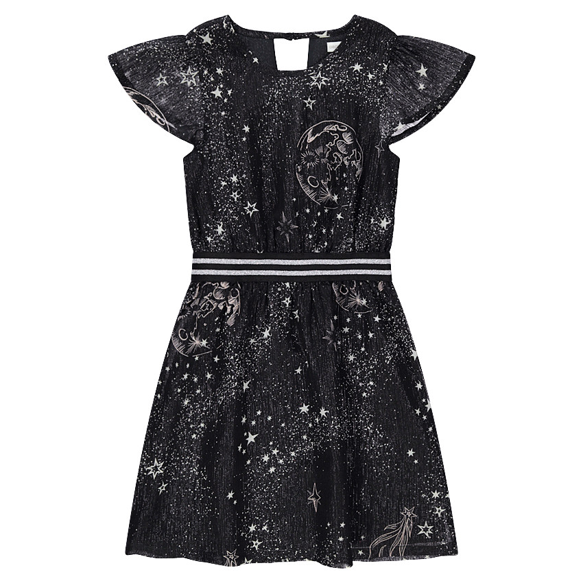 Φόρεμα με βολάν, μοτίβο αστέρια και λάστιχο με μεταλλιζέ ρίγες στη μέση 