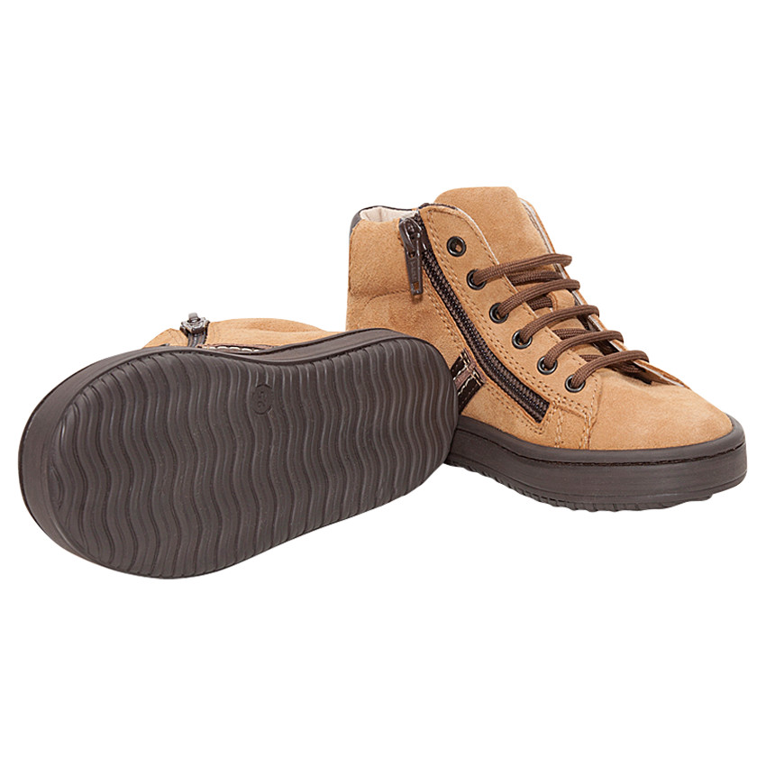 Μποτάκια από δέρμα σουέντ καμηλό με κορδόνια και φερμουάρ 