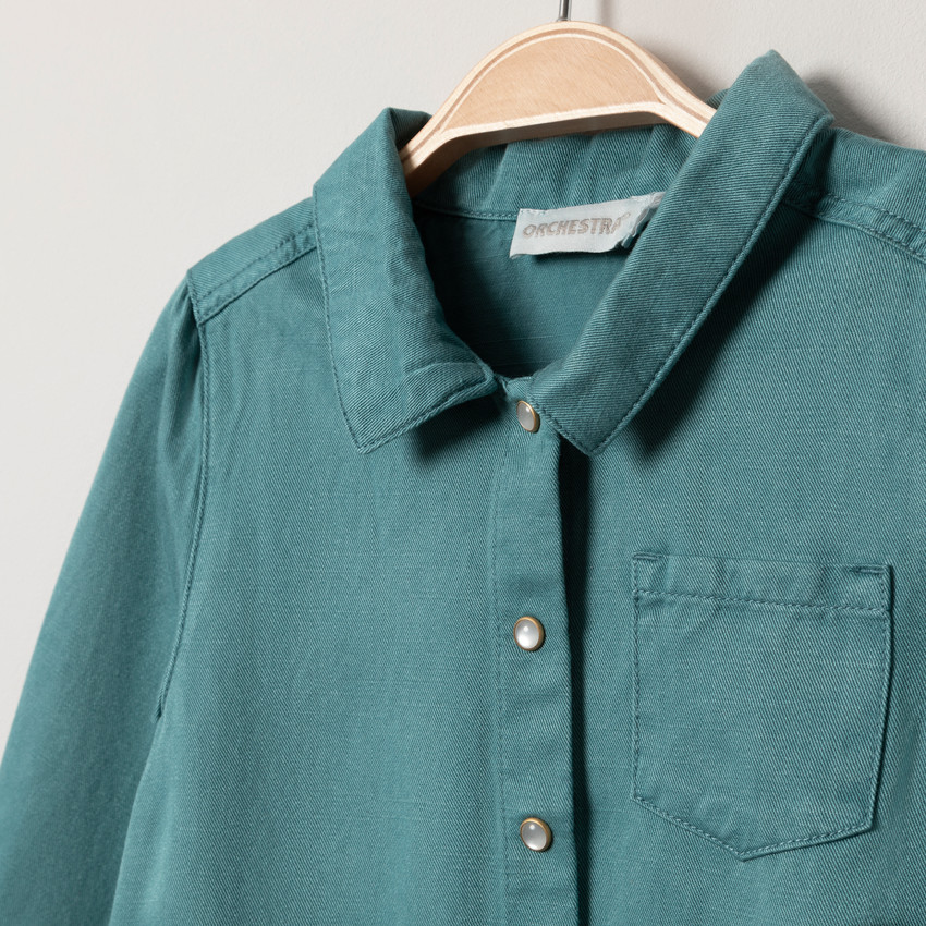 Μακρυμάνικο φόρεμα σε σχήμα πουκαμίσου με πολύχρωμα πομ-πομ στο κάτω μέρος 