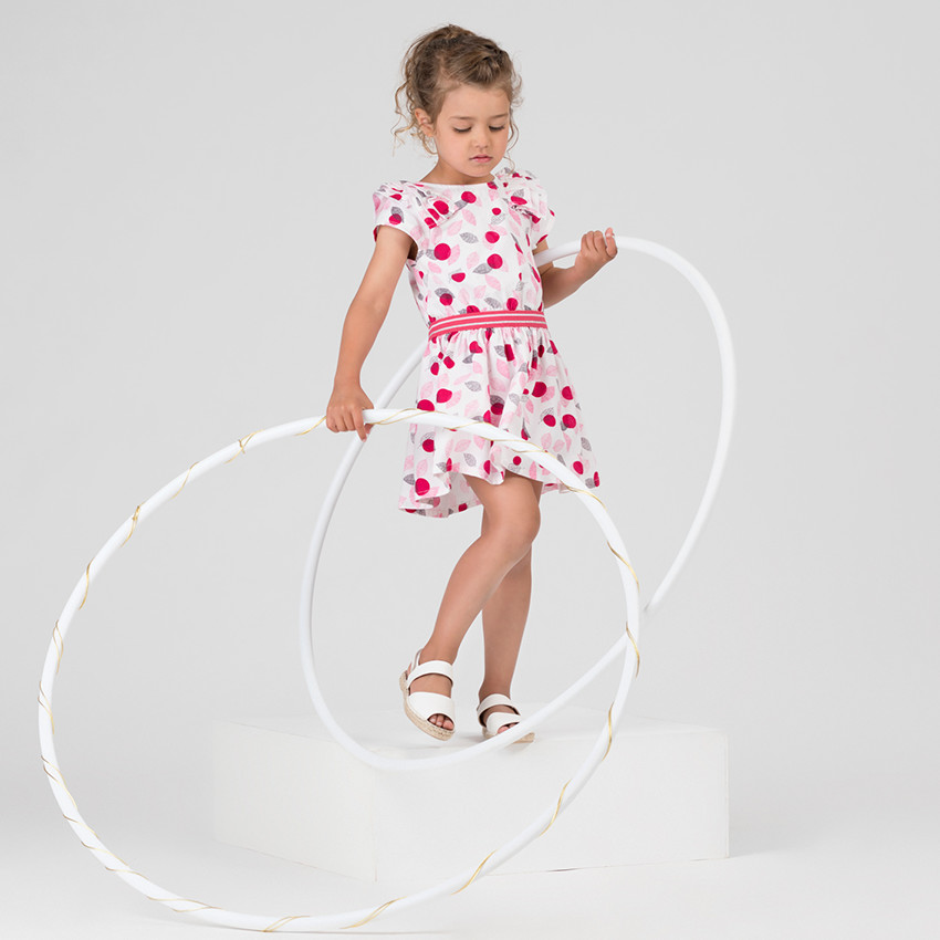 Κοντομάνικο φόρεμα με πουά μοτίβο και φύλλα και λάστιχο στη μέση 