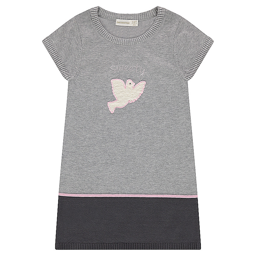 Κοντομάνικο φόρεμα πλεκτό με μπάλωμα με πουλάκι μπροστά 