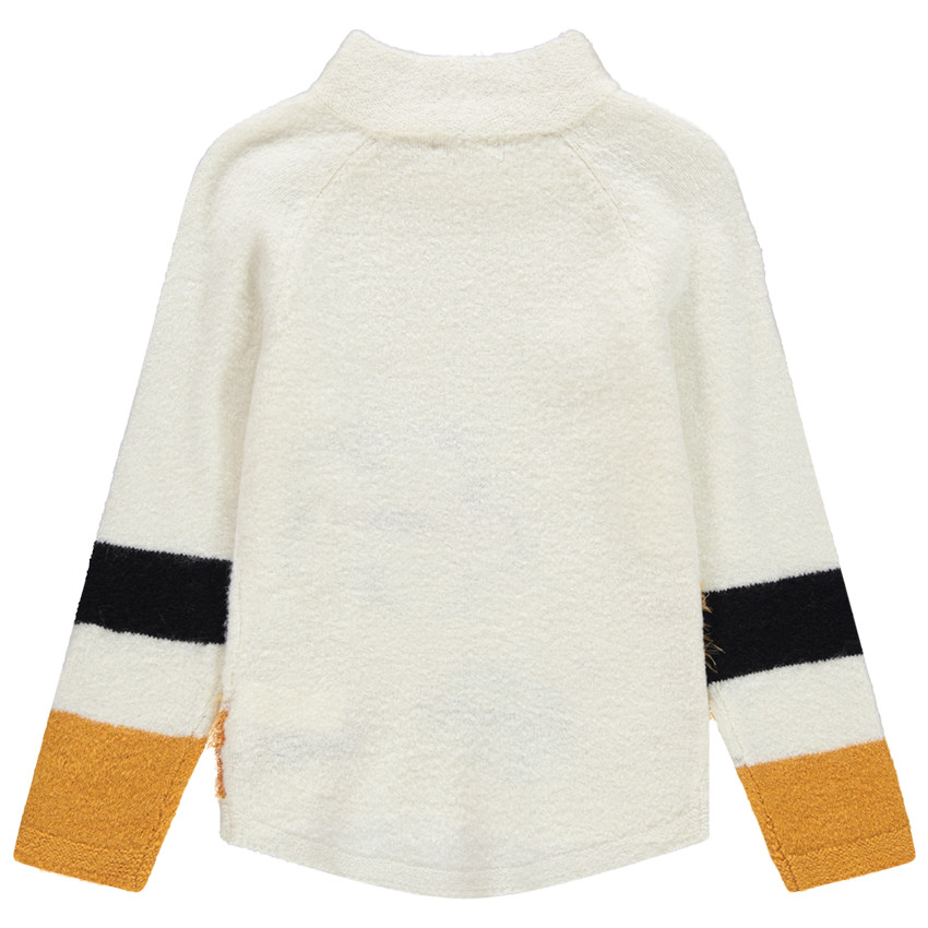 Μακρύ πλεκτό πουλόβερ με όρθιο λαιμό και λουλούδια σε ζακάρ 