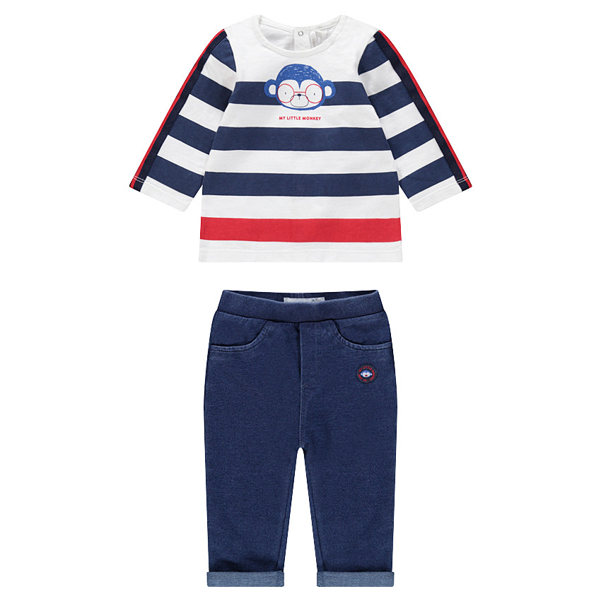 Σύνολο με μπλούζα με στάμπα πίθηκο και φανελένιο παντελόνι 