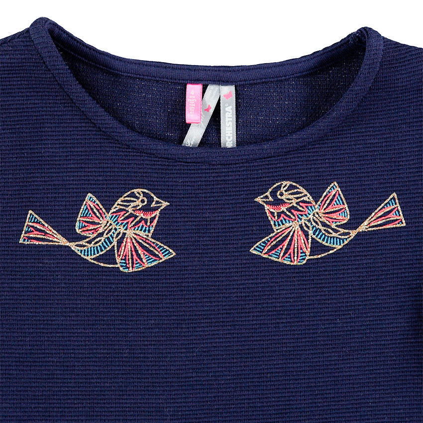 Φόρεμα πλεκτό με ανάγλυφη ύφανση και κεντημένα πουλάκια 