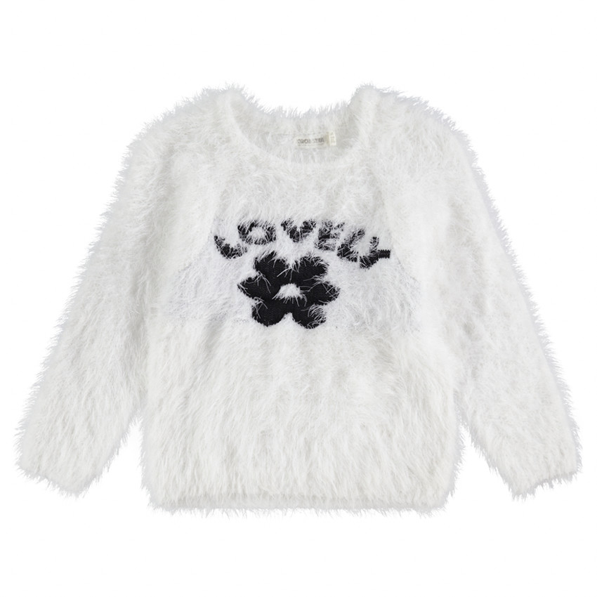 Πλεκτό πουλόβερο με χνουδωτή υφή και ζακάρ μοτίβο λουλούδι 