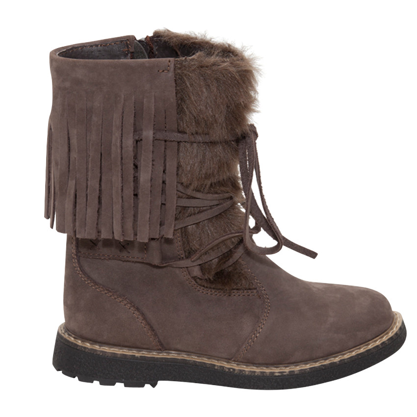 Δερμάτινα μποτάκια με δέσιμο, συνθετική γούνα και κρόσσια 