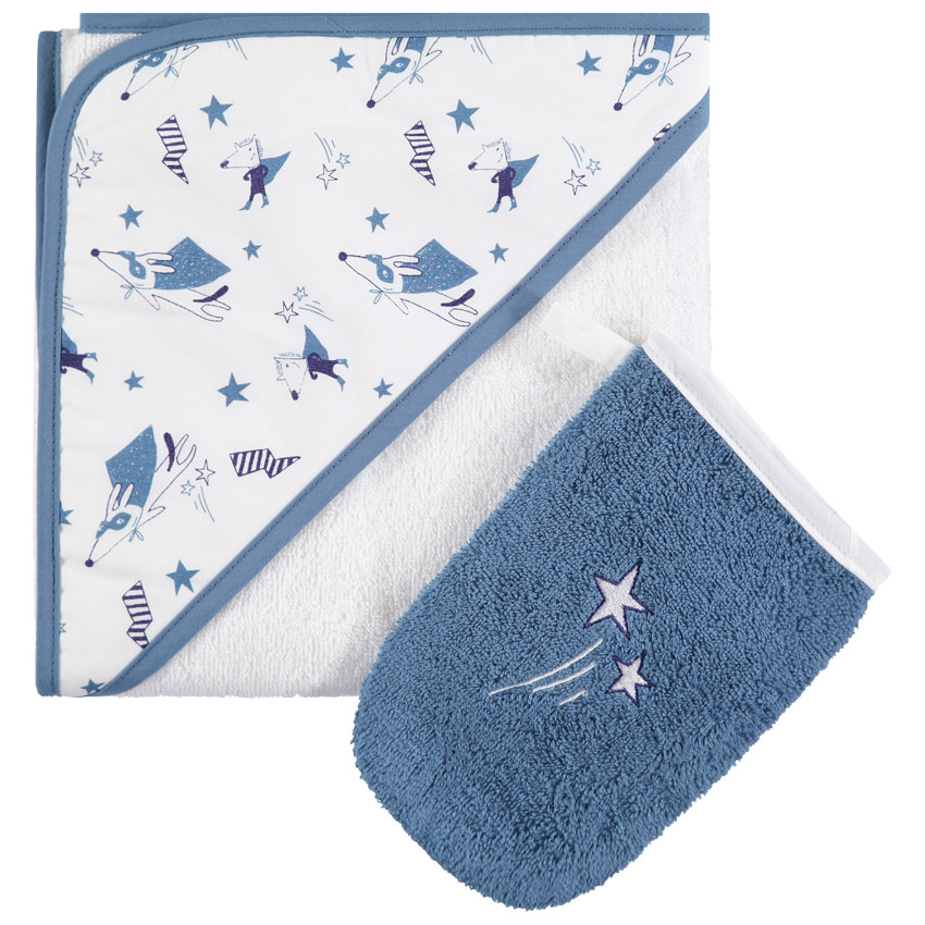 Σετ μπάνιου μπουρνούζι με εμπριμέ κουκούλα και κεντημένο γάντι 